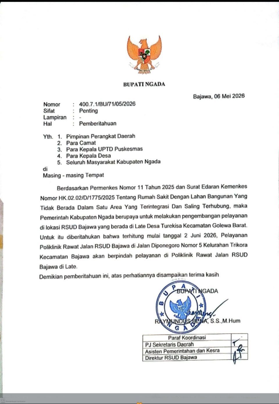 Pemberitahuan Perpindahan Pelayanan Rawat Jalan RSUD Bajawa ke Lokasi Late Mulai 2 Juni 2026